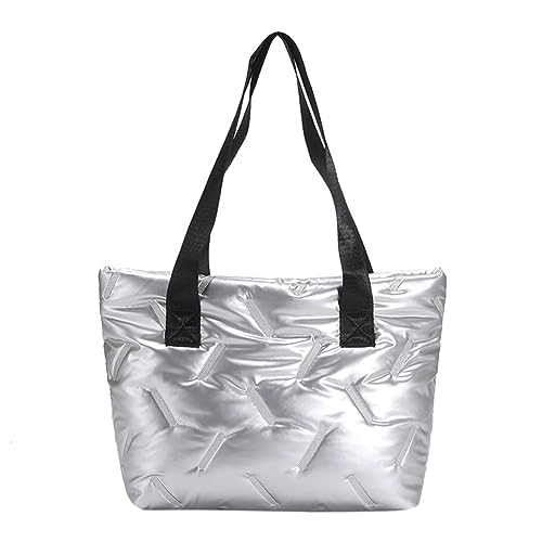 Kexpery Damen-Handtasche, große Kapazität, Puffer-Freizeittasche, einfarbig, weich, leicht, glänzend, for Damen, Outdoor-Einkäufe (Silber) von Kexpery