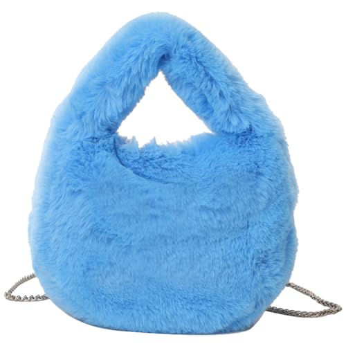 Kexpery Damen-Handtasche, weich, vielseitig, Kettentasche, einfarbig, leicht, Kunstfell, Damen-Winter-Tagestasche (blau) von Kexpery