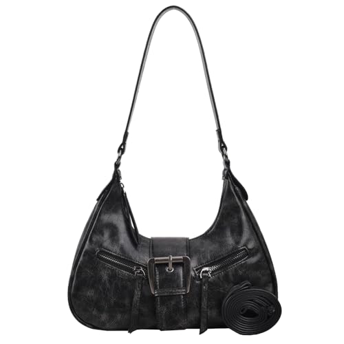 Kexpery Damen-Handtasche im coolen Stil, große Kapazität, PU, Vintage, Unterarmtasche, lässig, Clutch, einfarbig, einzelne Umhängetasche, Gürtel-Design, Retro, Pendler, Schwarz , von Kexpery