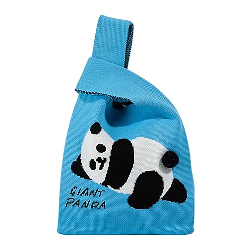 Kexpery Damen-Handtasche mit Cartoon-Motiv, Panda-Muster, gestrickt, Hobo-Handtasche, weich, Mini-Knoten-Handgelenktasche, handgefertigt, for Damen, Outdoor, Freizeittasche (blau) von Kexpery