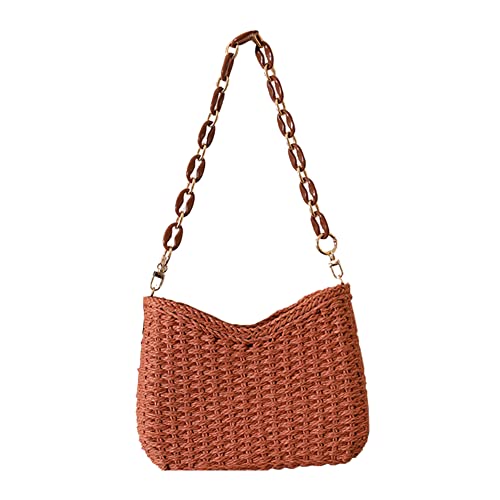 Kexpery Damen-Handtasche mit Kette, lässig, Stroh, einfarbig, gewebt, Damen-Clutch (Orange) von Kexpery