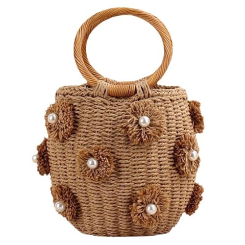 Kexpery Damen-Handtasche mit Kordelzug, mit Perlen, Bohemia, handgewebt, Strohtasche, Sommer, Urlaub, Strandtasche, camel, 7.48*5.51*4.72inch von Kexpery