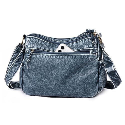 Kexpery Damen-Handtasche mit mehreren Taschen, lässige Schultertasche aus gewaschenem Leder, große Kapazität, verstellbarer Riemen, tägliche Pendeltasche (blau) von Kexpery