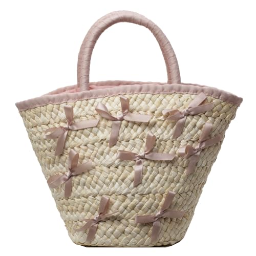 Kexpery Damen-Korb, modisch, gewebt, große Kapazität, Schleife, gewebte Tragetasche, elegante Tasche mit Tragegriff oben, Patchwork-Kordelverschluss für Outdoor-Reisen, rose, von Kexpery