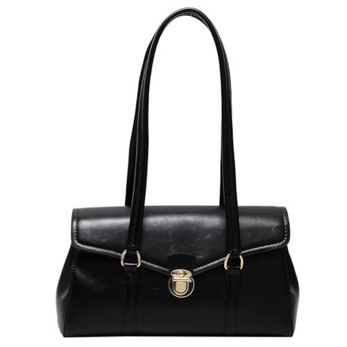 Kexpery Damen-Leder-Tragetasche, leicht, trendig, Schultertasche mit Doppelgriff, Geldbörse, Unterarmtasche, Pendlertasche, Schwarz , 270.00x160.00x100.00mm/10.63x6.3x3.94inch von Kexpery