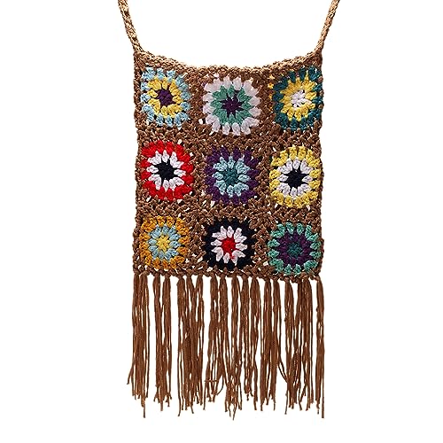 Kexpery Damen-Netz-Stricktasche mit Quaste, gestrickt, ethnischer Stil, Bohemian-Stil, weich, ausgehöhlt, gewebte Tasche für weibliche Mädchen, khaki, 25*22*1cm/9.75*8.58*0.39in von Kexpery