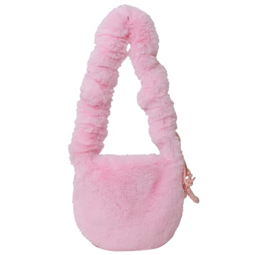 Kexpery Damen-Plüsch-Kordelzug-Tasche, Y2K-Plüsch, vielseitige Geldbörse, Kunstfell, pelzige Umhängetasche, einfarbig, für Damen, Winter, Tagestasche (Rosa) von Kexpery