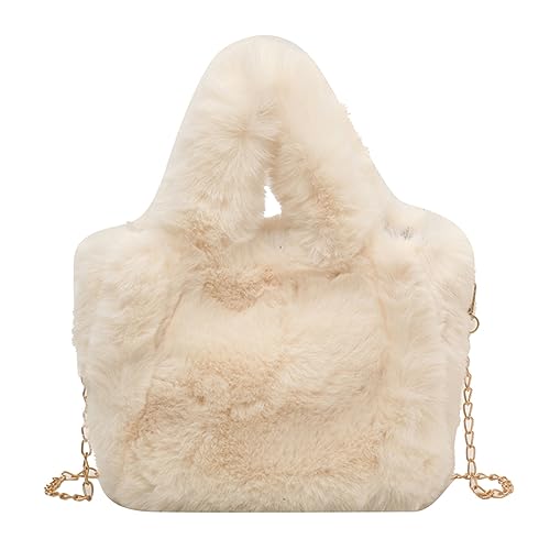 Kexpery Damen-Plüschtasche mit Griff oben, trendige Umhängetasche mit Kette, vielseitige, flauschige Umhängetasche, lässige Herbst-Winter-Mädchen-Geldbörse (Beige) von Kexpery