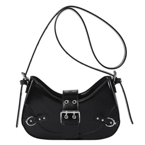 Kexpery Damen Punk Umhängetasche, verstellbarer Riemen und Schnalle, Y2K Umhängetasche, Punk-Stil, Hobo-Tasche, einfarbig, für Outdoor-Reisen, Schwarz , 240.00x150.00x60.00mm/9.45x5.91x2.36inch von Kexpery