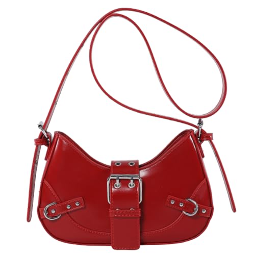 Kexpery Damen Punk Umhängetasche, verstellbarer Riemen und Schnalle, Y2K Umhängetasche, Punk-Stil, Hobo-Tasche, einfarbig, für Outdoor-Reisen, rot, 240.00x150.00x60.00mm/9.45x5.91x2.36inch von Kexpery