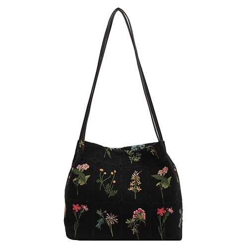 Kexpery Damen-Schultertasche mit Blumenmuster, großes Fassungsvermögen, Canvas, Vintage, Haspenverschluss, weich, für Reisen, Freizeit, Schwarz , 280x230x110mm/11.02x9.06x4.33inch von Kexpery