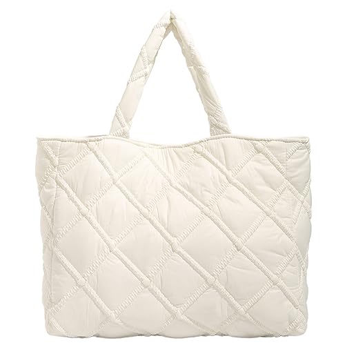 Kexpery Damen-Schultertasche mit Tragegriff aus Nylon, modisch, Freizeit, gesteppt, bestickt, Temperament, Shopping, Party,, L, weiß, 200x150x70mm/7.87x5.91x2.76inch von Kexpery