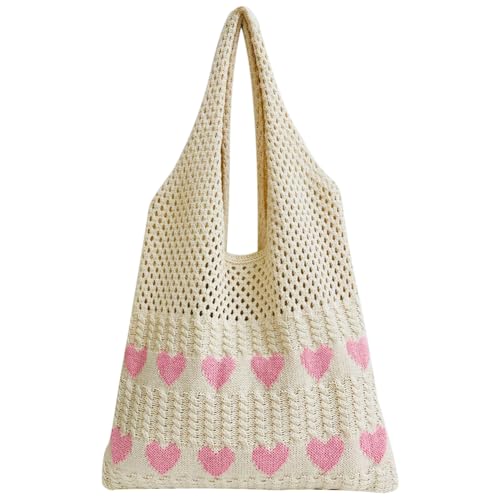 Kexpery Damen Stricktasche mit Herzmuster, gestrickt, Kontrastfarbe, gehäkelt, für den täglichen Gebrauch, Apricot Pink, 360.00*330.00mm/14.17*12.99inch von Kexpery