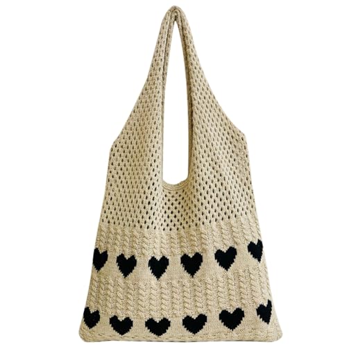 Kexpery Damen Stricktasche mit Herzmuster, gestrickt, Kontrastfarbe, gehäkelt, für den täglichen Gebrauch, Khaki Schwarz, 360.00*330.00mm/14.17*12.99inch von Kexpery