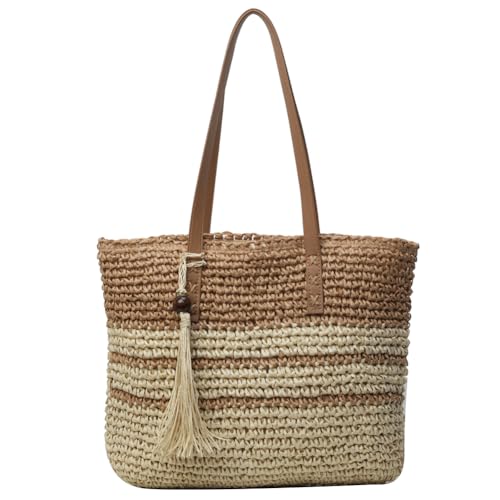 Kexpery Damen Stroh-Tragetasche, Sommer, Strandtasche, großes Fassungsvermögen, handgewebt, Schultertasche mit Quasten, gestreift, Strohtasche für Reisen, Urlaub, khaki, von Kexpery