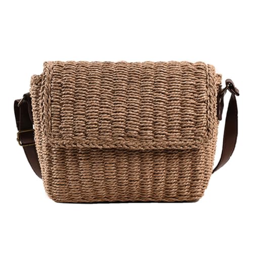 Kexpery Damen-Tasche aus gewebtem Stroh, Umhängetasche for den Strand, Vintage-Umhängetasche, verstellbarer Riemen, handgefertigt, Reisetasche mit Klappe (Hellbraun) von Kexpery