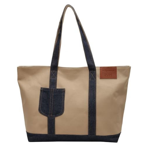 Kexpery Damen Tote Handtaschen Große Kapazität Mode Einkaufstasche Vintage Denim Schultertasche Patchwork Alltag Schultertasche Tägliche Tasche, khaki, 480.00x300.00x140.00mm/18.9x11.81x5.51inch von Kexpery