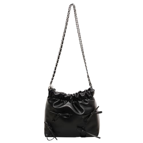 Kexpery Damen-Umhängetasche, einfarbig, Schleife, Eimertasche, lässige Schultertasche, Alltagstasche für Shopping, Arbeit, Reisen, Schwarz , 220x170x90mm/8.66x6.69x3.54inch von Kexpery