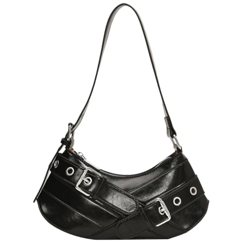 Kexpery Damen Umhängetasche PU Leder Punk Style Umhängetasche mit Reißverschluss Vintage Clutch Handtasche mit Verstellbarem Riemen Unterarmtasche für Urlaub Reisen, Schwarz von Kexpery