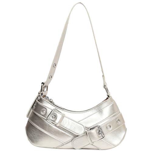 Kexpery Damen Umhängetasche PU Leder Punk Style Umhängetasche mit Reißverschluss Vintage Clutch Handtasche mit Verstellbarem Riemen Unterarmtasche für Urlaub Reisen, silber von Kexpery