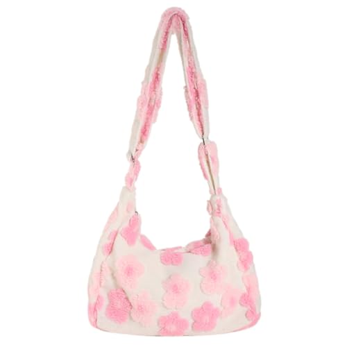 Kexpery Damen-Umhängetasche aus Plüsch, Blumendruck, Y2K-Umhängetasche, modische Handtasche aus Kunstfell, pelzige Clutch, Winter-Pendeltasche (Rosa) von Kexpery