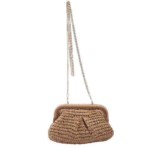 Kexpery Damen-Umhängetasche aus Stroh, großes Fassungsvermögen, Wolkenknödeltasche, einfarbig, gewebt, Schultertasche, Kettenriemen für Party, Hochzeit, khaki, von Kexpery