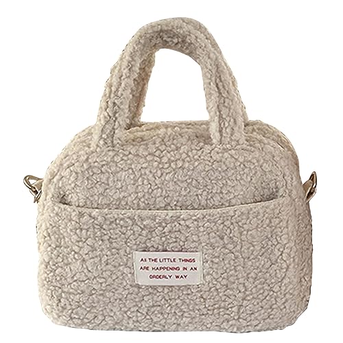 Kexpery Damen-Umhängetasche mit Tragegriff und Reißverschluss, weich, flauschig, einfarbig, für den Winter, Alltag, beige, 220.00x160.00x80.00mm/8.66x6.3x3.15inch von Kexpery