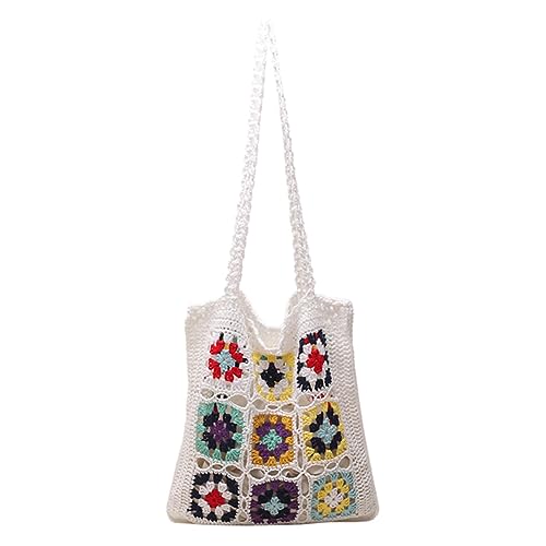 Kexpery Damen Webtasche, ästhetisch, Bohemian-Stil, gestrickt, gespleißte Blume, weich, ausgehöhlt, bunt, gewebte Tasche für weibliche Mädchen, weiß, 330.00x320.00x20.00mm/12.99x12.6x0.79inch von Kexpery