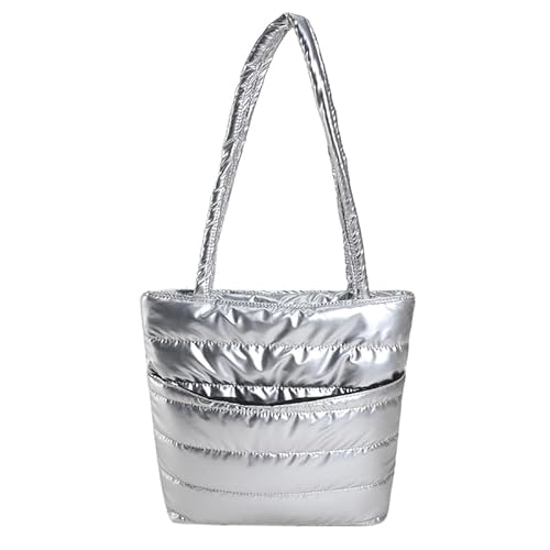 Kexpery Damen Winter Puffer Schultertasche Große Kapazität Tasche Reißverschluss Tragetasche, silber, 330x290x60mm von Kexpery