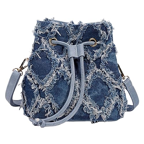 Kexpery Denim-Mini-Umhängetasche, einfarbig, Fransen, Hobo-Tasche, Damen-Quasten-Umhängetasche, Diamantgitter, weibliche Pendler-Geldbörse (blau) von Kexpery