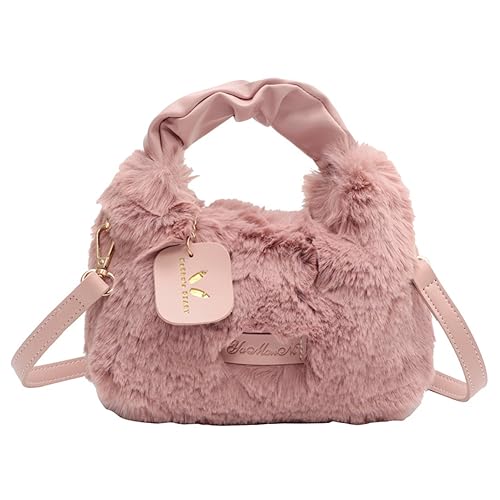 Kexpery Einfarbige Fuzzy-Umhängetasche, verstellbarer Schultergurt, bequeme Damen-Plüsch-Tasche mit Griff oben, Damen- und Mädchen-Trendtasche (Rosa) von Kexpery