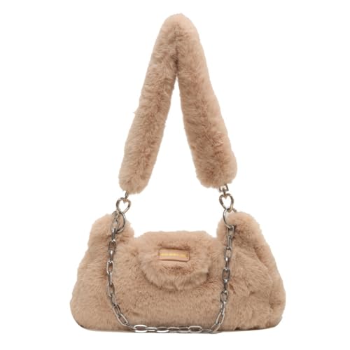 Kexpery Einfarbige große Kette, Plüsch-Unterarmtasche, großes Fassungsvermögen, Kunstfell, Achseltasche, weich, flauschige Damen-Schultertasche für Herbst und Winter, khaki, 28*7*13 von Kexpery