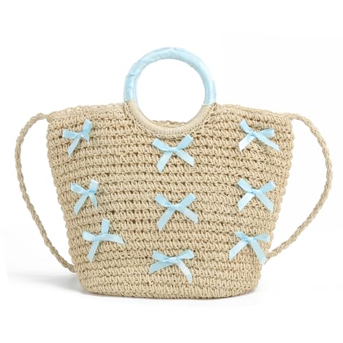 Kexpery Elegante Tasche für Damen, mit Tragegriff oben, große Kapazität, Schleife, Stroh, gewebt, Strandtasche, Patchwork, Kordelzug-Verschluss für Strandurlaub, blau, 13.39*9.84*4.33inch von Kexpery