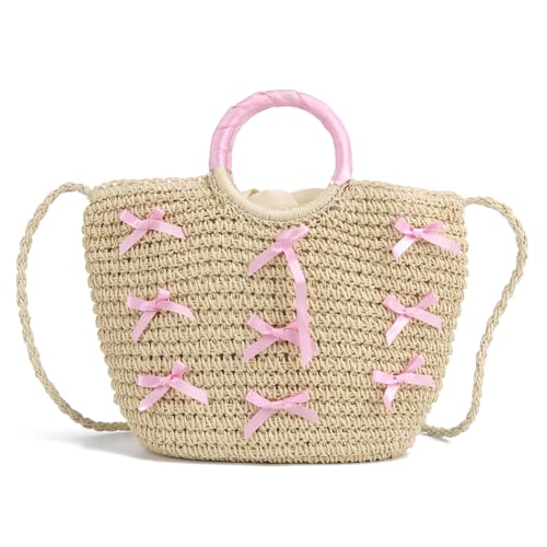 Kexpery Elegante Tasche für Damen, mit Tragegriff oben, große Kapazität, Schleife, Stroh, gewebt, Strandtasche, Patchwork, Kordelzug-Verschluss für Strandurlaub, rose, 13.39*9.84*4.33inch von Kexpery