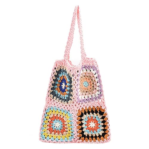 Kexpery Ethno-Stil Blumen-Häkeltasche, böhmische, weiche, ausgehöhlte Damen-Gitter-Stricktasche, bunt gewebte Tasche for weibliche Mädchen (Rosa) von Kexpery