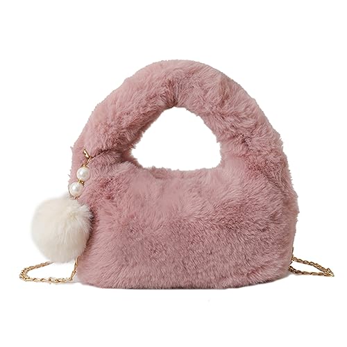 Kexpery Fashion Chains Umhängetasche, einfarbig, kleine Handtasche, weich, mit Bommel, for Damen, flauschige Umhängetaschen, Reißverschluss, Winter, Damen-Geldbörse (Rosa) von Kexpery