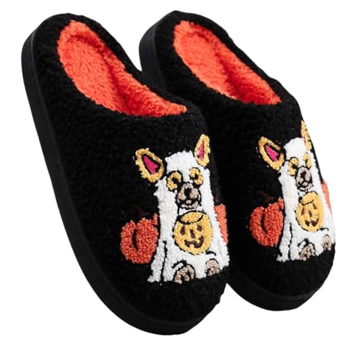 Kexpery Flauschige Halloween-Pantoffeln für Damen und Herren, warm, Kürbis, Hund, rutschfest, Schwarz , 38 EU von Kexpery