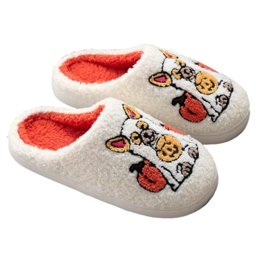 Kexpery Flauschige Halloween-Pantoffeln für Damen und Herren, warm, Kürbis, Hund, rutschfest, weiß, 42 EU von Kexpery