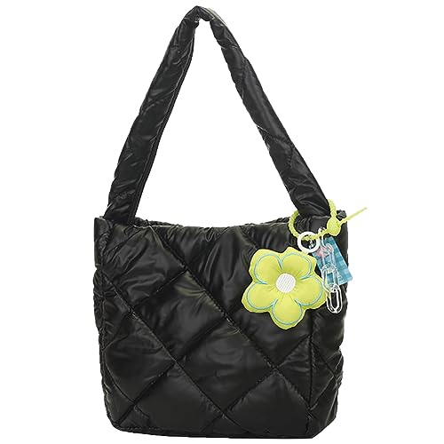 Kexpery Gepolsterte Damen-Umhängetasche, breiter Riemen, vielseitige Puffertasche, großes Fassungsvermögen, leicht, lässige Tasche mit Anhänger, Schwarz , 260.00x220.00x90.00mm/10.23x8.66x3.54in von Kexpery