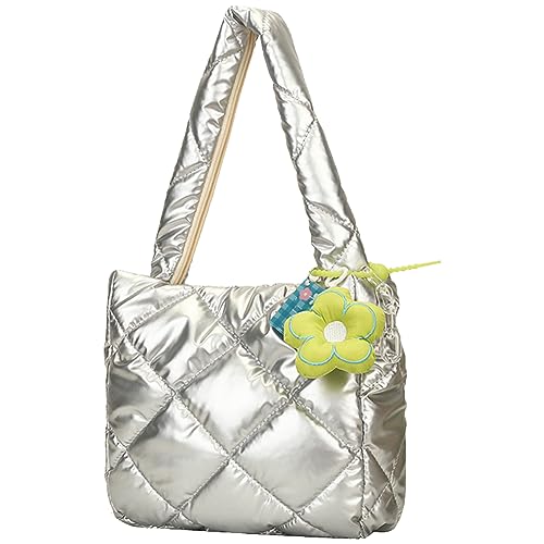 Kexpery Gepolsterte Damen-Umhängetasche, breiter Riemen, vielseitige Puffertasche, großes Fassungsvermögen, leicht, lässige Tasche mit Anhänger, silber, 260.00x220.00x90.00mm/10.23x8.66x3.54in von Kexpery