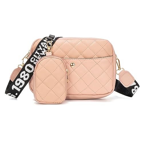 Kexpery Gesteppte Handytasche aus PU-Leder, einfarbig, breiter Briefriemen, einfache Tasche, Damen-Freizeit-Kameratasche mit passendem Clutch-Set (Rosa) von Kexpery