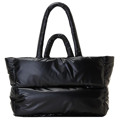 Kexpery Gesteppte Tragetasche mit großer Kapazität for Damen, lässig, gepolsterte Handtasche, weich, einfarbig, leicht, Metallic-Farbe, Mädchen-Wintertasche (schwarz) von Kexpery