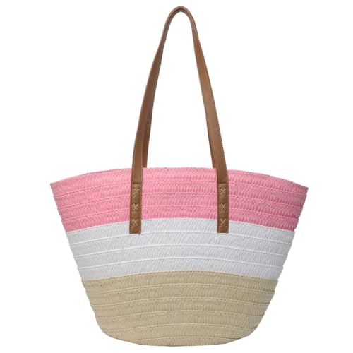 Kexpery Gestreifte, gewebte Sommer-Handtasche mit Reißverschluss, lässige Tragetasche, Urlaubs-Reise-Handtasche, Tasche mit Griff oben for Damen, Outdoor-Urlaub (Rosa) von Kexpery