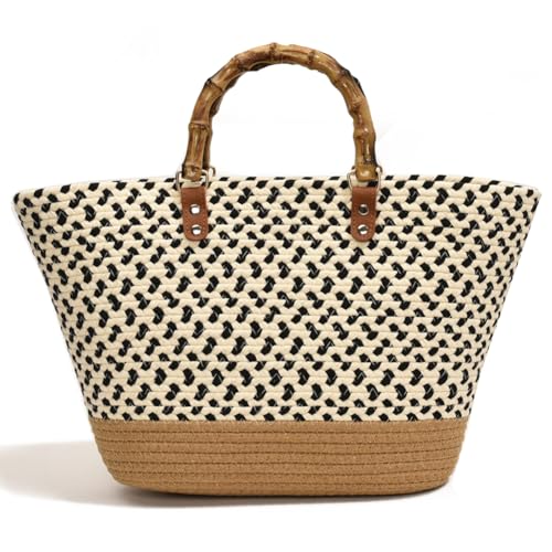 Kexpery Gewebte Damen-Tragetasche, modisch, gewebt, große Kapazität, Sommer, Strandtasche, Patchwork, elegante Tasche mit Tragegriff oben für Strandurlaub, Schwarz , 16.93*10.24*3.54inch von Kexpery