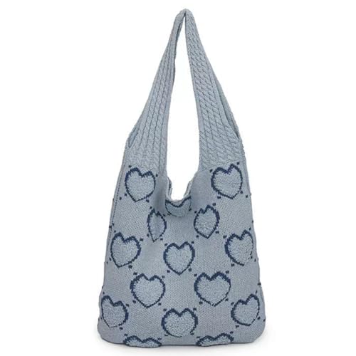 Kexpery Gewebte Schultertasche mit großem Fassungsvermögen, Herzmuster, vielseitige Strick-Einkaufstasche, gehäkelte Umhängetasche, lässige Pendlertasche, hellblau, 36*32*10cm/14.04*12.48*3.9inch von Kexpery