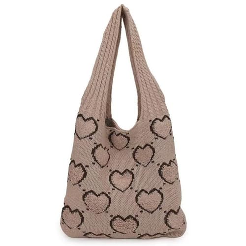 Kexpery Gewebte Schultertasche mit großem Fassungsvermögen, Herzmuster, vielseitige Strick-Einkaufstasche, gehäkelte Umhängetasche, lässige Pendlertasche, khaki, 36*32*10cm/14.04*12.48*3.9inch von Kexpery