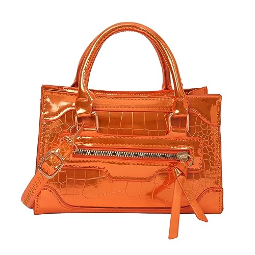 Kexpery Glänzende Schultertasche aus PU-Leder, Metallic-Farbe, für Damen, mit Tragegriff oben, solide Y2K, für Pendler, Orange, 200.00x130.00x70.00mm/7.87x5.12x2.76inch von Kexpery