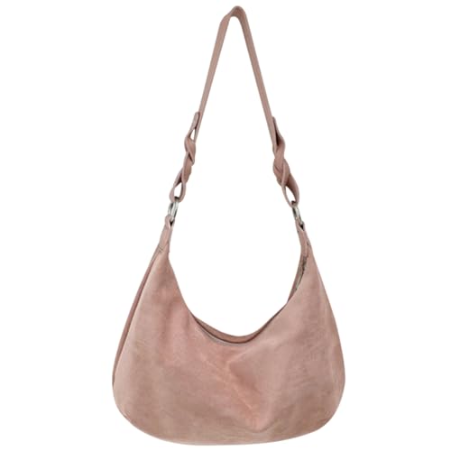 Kexpery Halbmond-Tasche für Damen, mit Reißverschluss, großes Fassungsvermögen, leicht, Umhängetasche, Riemen, verstellbar, Wildleder, Tragetasche, lässige Einkaufstasche, rose, 29*10*22 von Kexpery