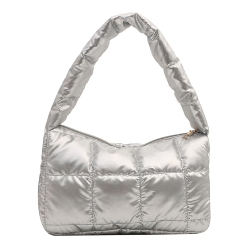 Kexpery Hobo-Tasche für Damen, großes Fassungsvermögen, PU-Leder, gesteppt, stilvolle Pendlertasche, einfarbig, weicher Griff, Silber-Quadratisch, 245.00x150.00x95.00mm/9.65x5.91x3.74inch von Kexpery