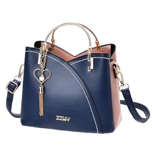 Kexpery Kontrastfarbene Schultertasche aus PU-Leder, Designer-Design, großes Fassungsvermögen, lässig, mit Quaste, Tragegriff oben für Damen, blau, 9.06*7.48*4.72inch von Kexpery